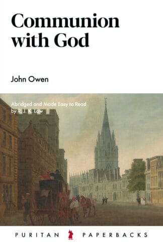 A Christian book cover titled 'Communion with God' by John Owen, promoting understanding of prayer and spiritual life, offered by Banner of Truth UK.
