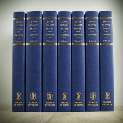 full set image of the tracts and letters of john calvin blue clothbound book covers with gold lettering