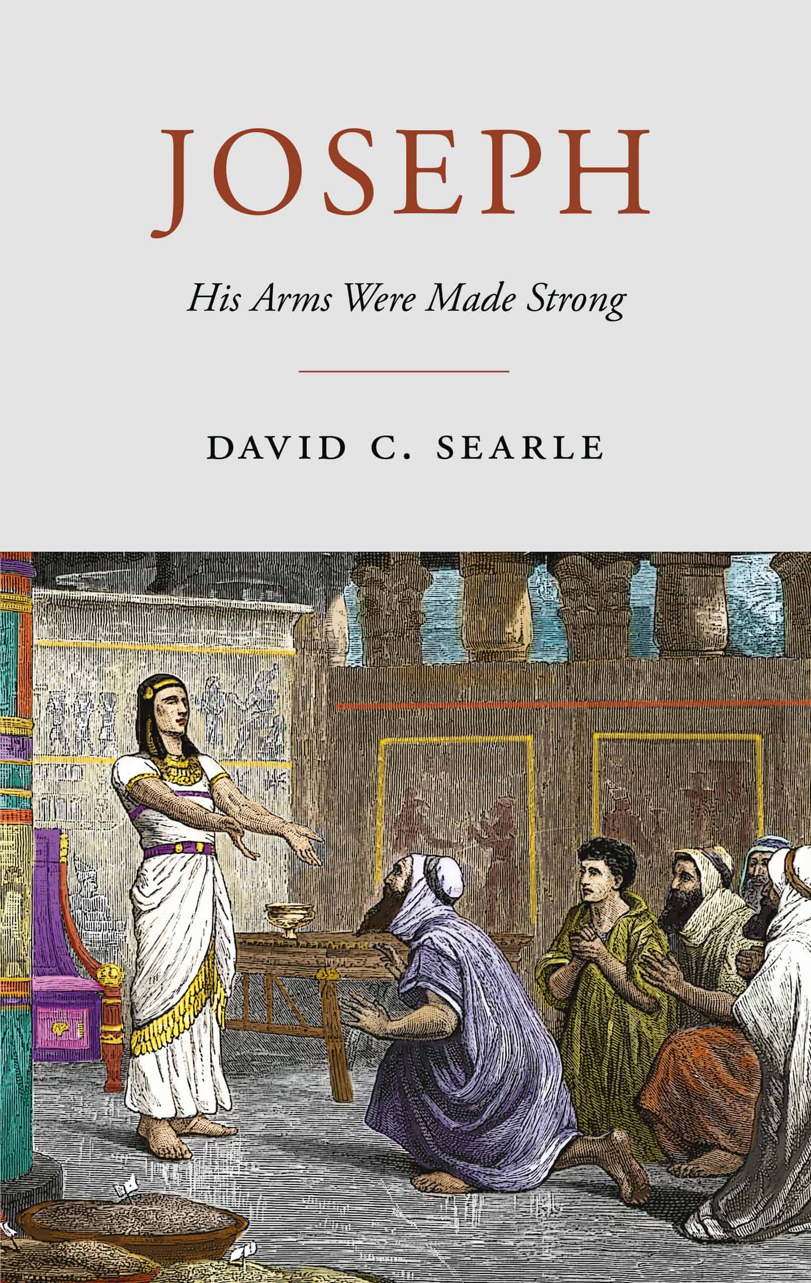 Caption: The cover of the Bible study book "Joseph: His Arms Were Made Strong" by David C. Searle features a detailed illustration of Joseph's story, inspiring faith and resilience. Alt text: Illustration of biblical Joseph in prison speaking to fellow inmates, highlighting themes of faith and perseverance for Christian readers.