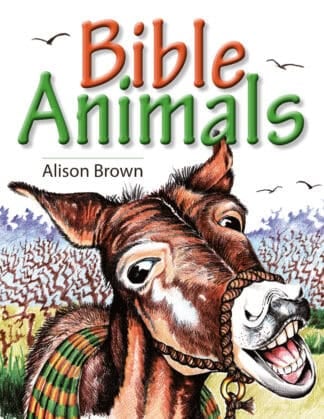Colourful illustration of a smiling, anthropomorphic donkey with a bridle, set against a natural landscape background, on the cover of a children's Bible animal book.
