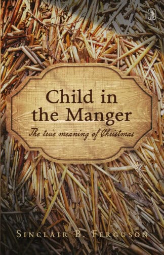 Alt text: Christmas book cover focusing on the true meaning of Christmas, featuring a wooden signboard with the title "Child in the Manger" and a background of hay or straw.