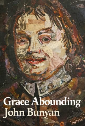 A detailed collage artwork of Grace Abounding featuring layered papers creating a textured portrait of John Bunyan's character, reflecting faith and perseverance.