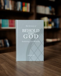 The Sermons of Behold Your God: Rethinking God Biblically by Dr. John Snyder with bookcase in the background